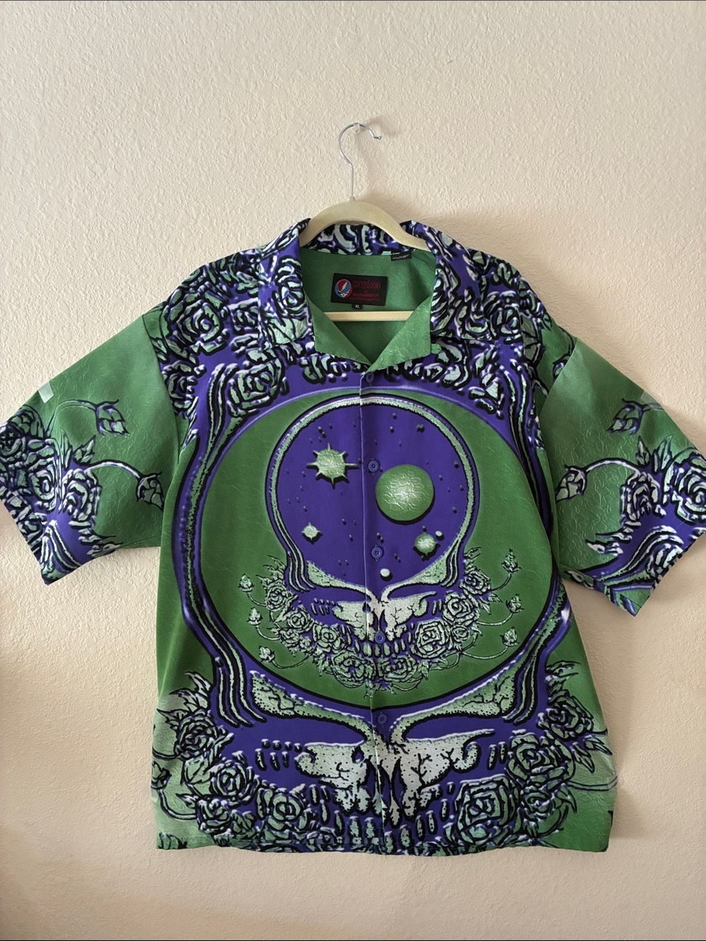 Grateful Dead Green and Purple Skull Graphic Button-Down Shirt by Dragonfly